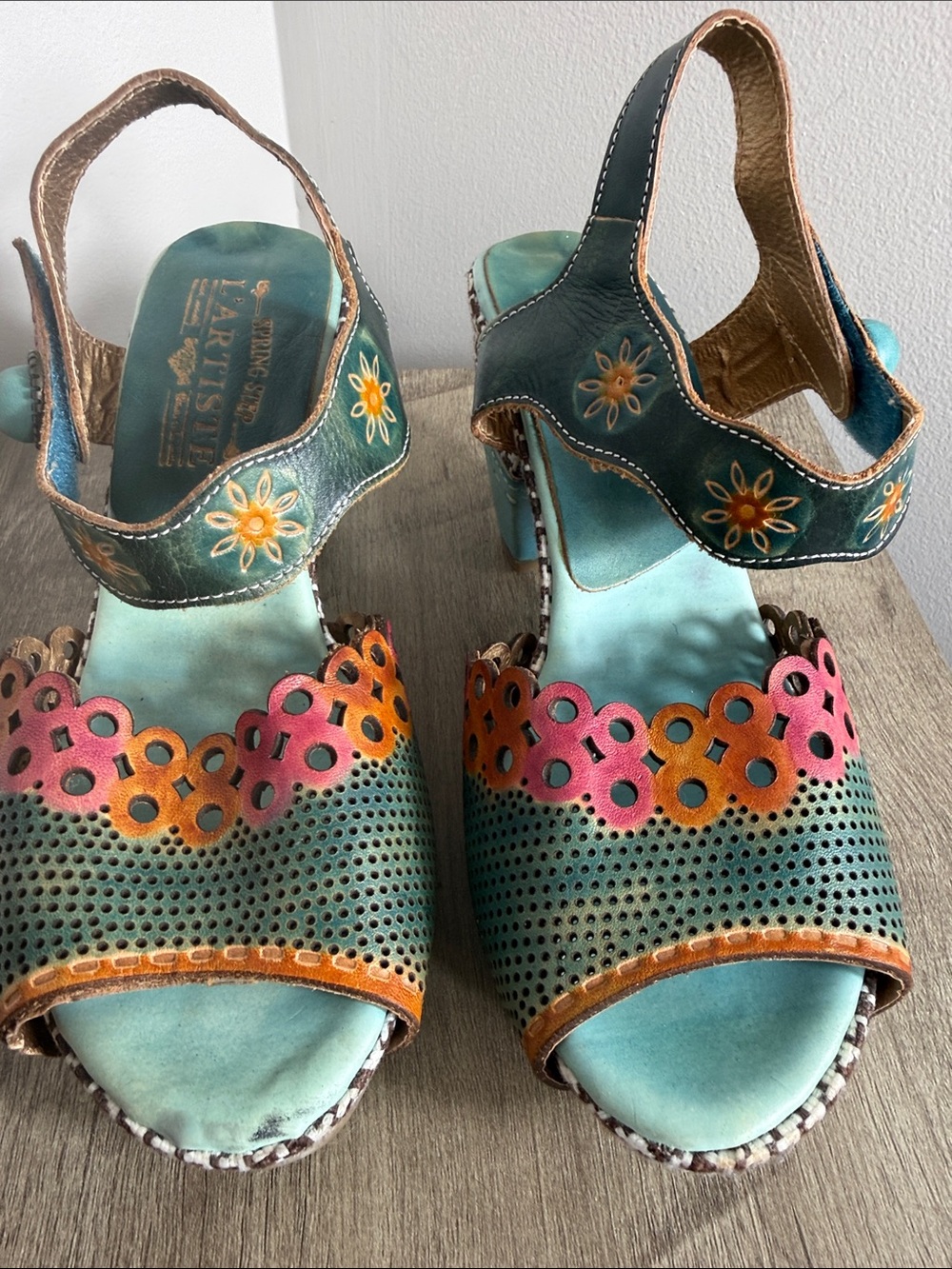 L'ATISTE Teal, Coral and Orange Cutout Leather Sandals